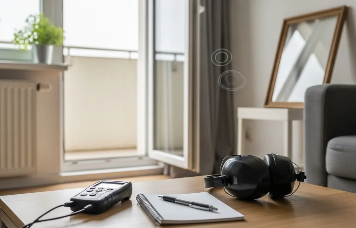 Measuring noise levels indoors with headphones and a decibel meter. Essential steps for How to Deal with Loud Neighbors: A Complete 2026 Guide.