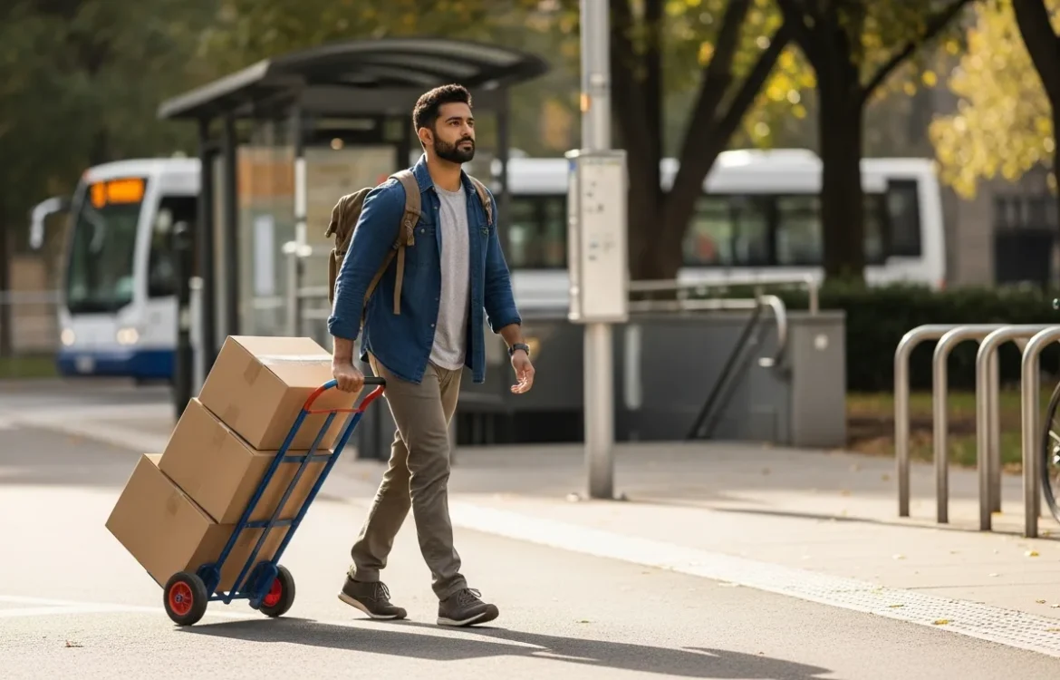 Man pulling moving boxes on a dolly near a bus stop. This visualizes How to Move Without a Car: Complete Guide for 2026.