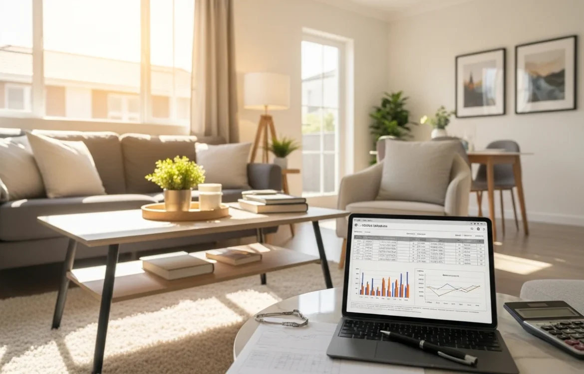 Laptop with financial charts and calculator in a modern living room, illustrating How to Price Your Rental Property: A Complete 2026 Guide.