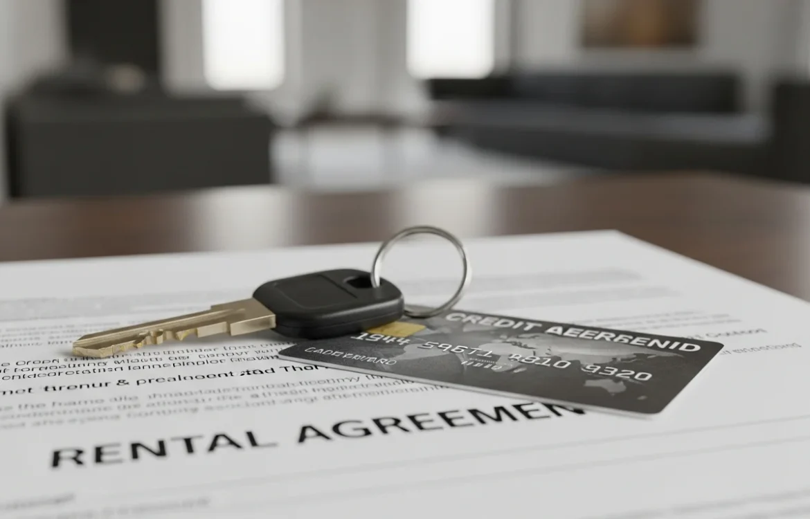 Key and credit card on a rental agreement document. How to Rent a House with Bad Credit: A Complete 2026 Guide.