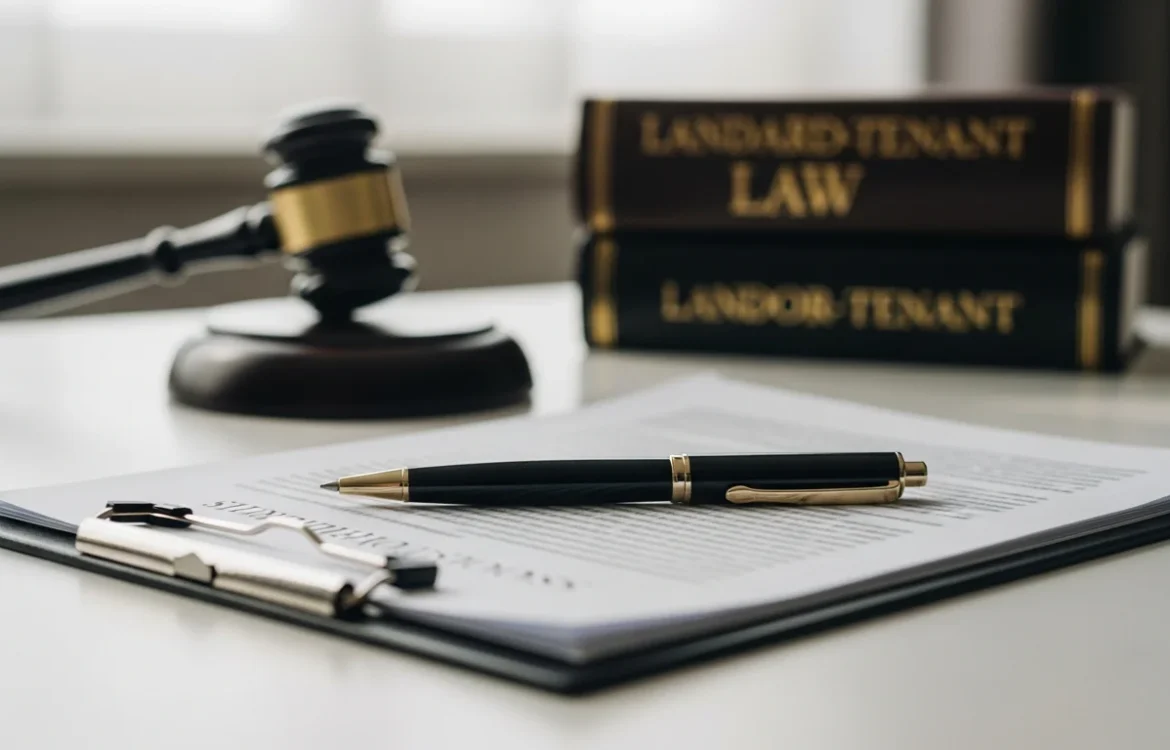 Gavel, pen, and Landlord Tenant Law books on a desk, illustrating How to Sue Landlord for Security Deposit: Complete 2026 Guide.