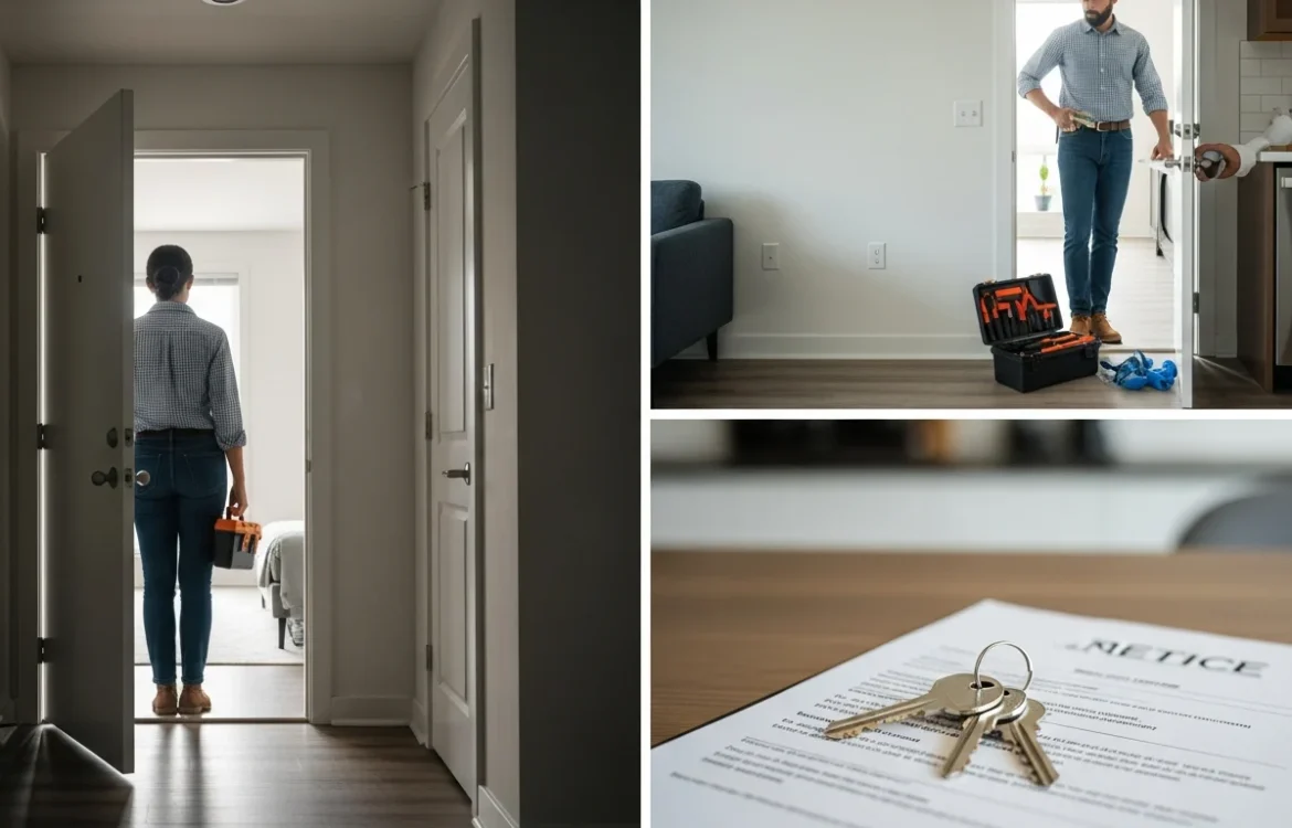 Repairman entering apartment, maintenance working, and entry notice/keys. Landlord Right to Enter for Repairs: A Complete 2026 Guide.