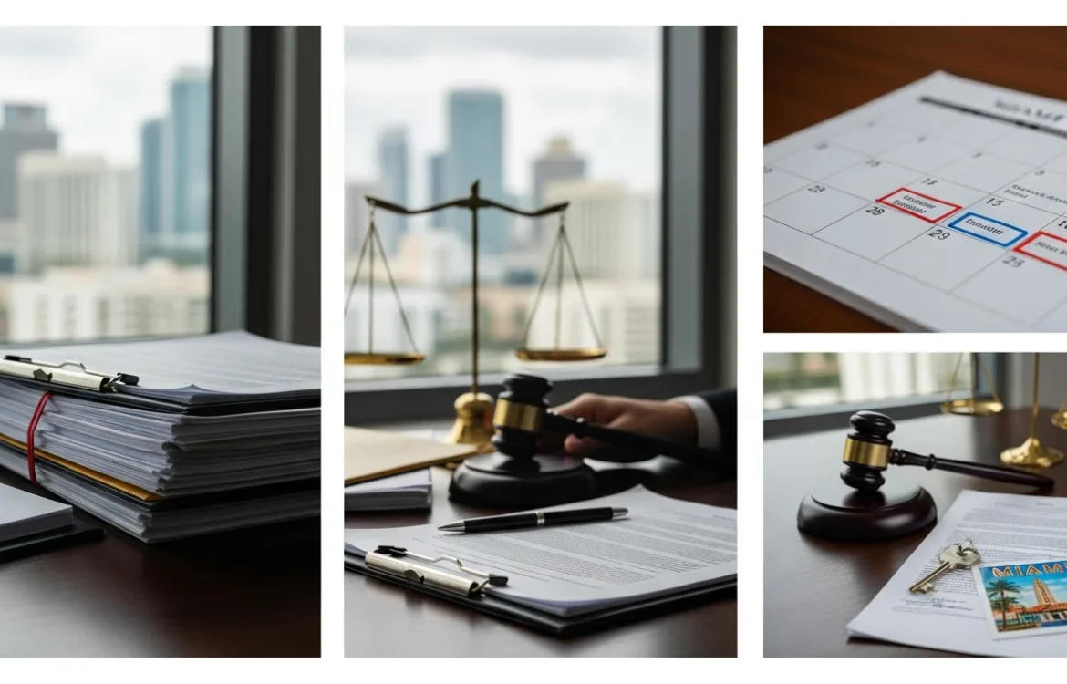 Legal documents, gavel, scales of justice, and a calendar illustrating the timeline for Miami Eviction Laws: Complete Process & Timeline Guide for 2026.