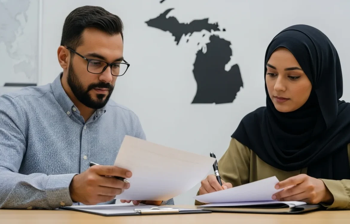 Professionals review documents on Michigan Security Deposit Laws: A Complete 2026 Guide for Renters, with the Michigan map on the wall.