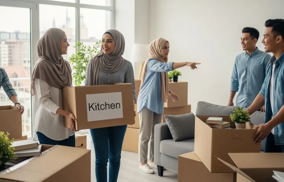 Group of five young adults moving boxes into a bright, modern apartment, with one box clearly labeled "Kitchen".
