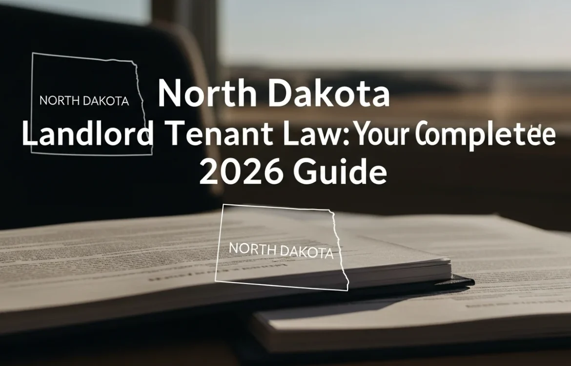 North Dakota Landlord Tenant Law: Your Complete 2026 Guide cover, featuring legal documents and the ND state outline.