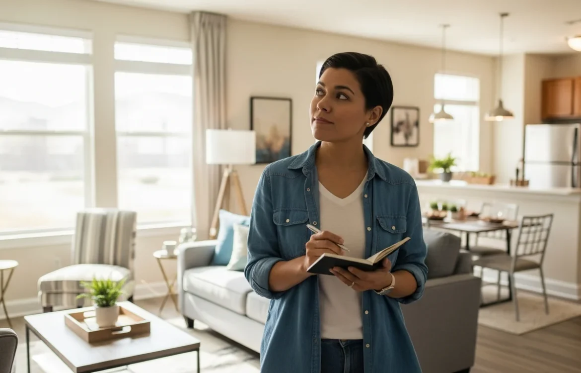Woman taking notes inside a bright apartment. Essential reading: Questions to Ask When Touring an Apartment: Your 2026 Guide.