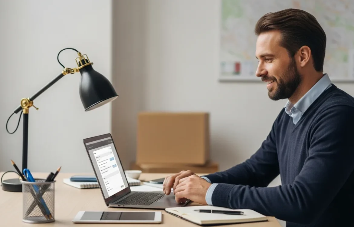 Man on laptop researching Relocation Services for Renters: Your Complete 2026 Guide, with a moving box visible.