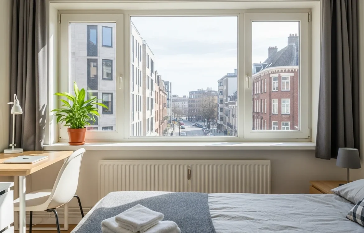 Bright urban bedroom with desk and window view; Rent a Room Cheap Near Me: 2026 Guide to Affordable Housing.