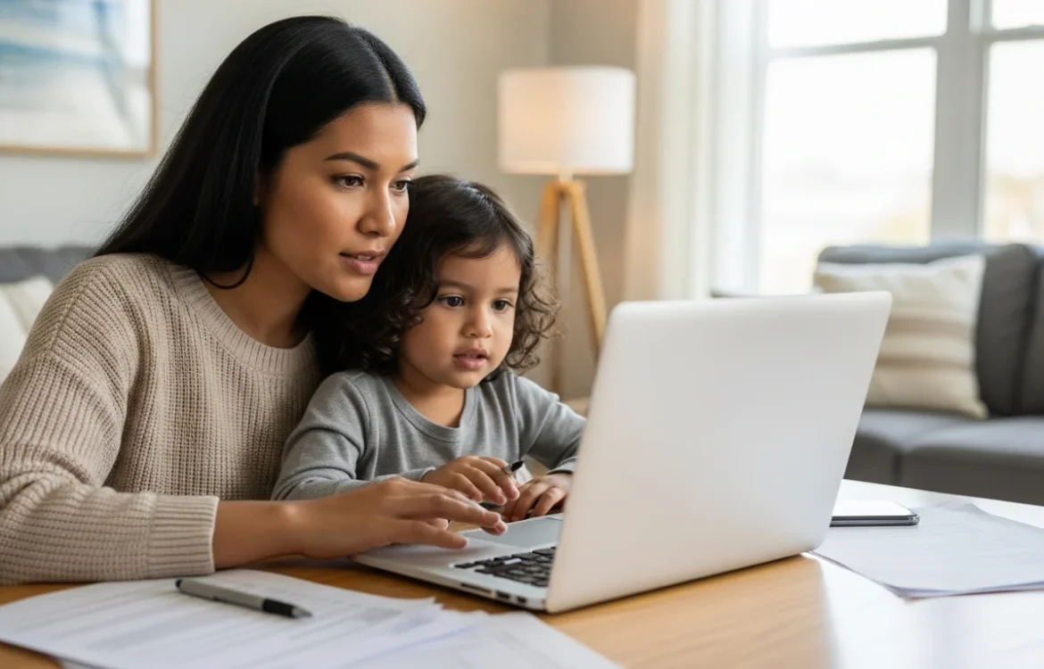 A single mother and child applying online. Find Rent Assistance for Single Mothers: Complete 2026 Guide info here.