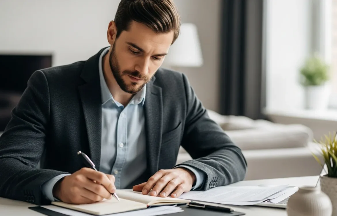 Man writing notes for the Sample Letter to Landlord for Repairs: Free Template & Guide, sitting at a desk.
