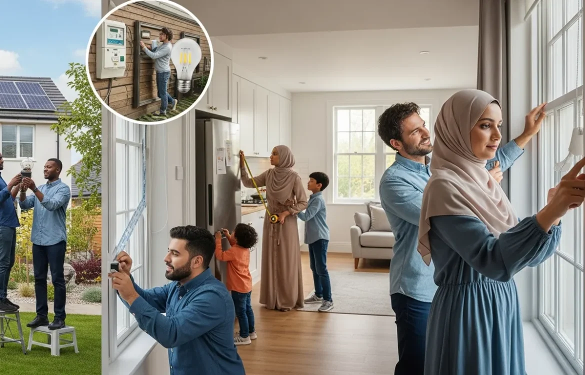 Montage of diverse families installing smart home devices, checking a smart meter, and holding a lightbulb symbol near a house with solar panels, representing home energy efficiency upgrades.