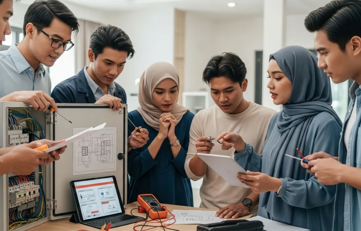 Diverse group of engineering students or technicians collaborating on wiring inside an electrical control panel, consulting schematics and a multimeter.