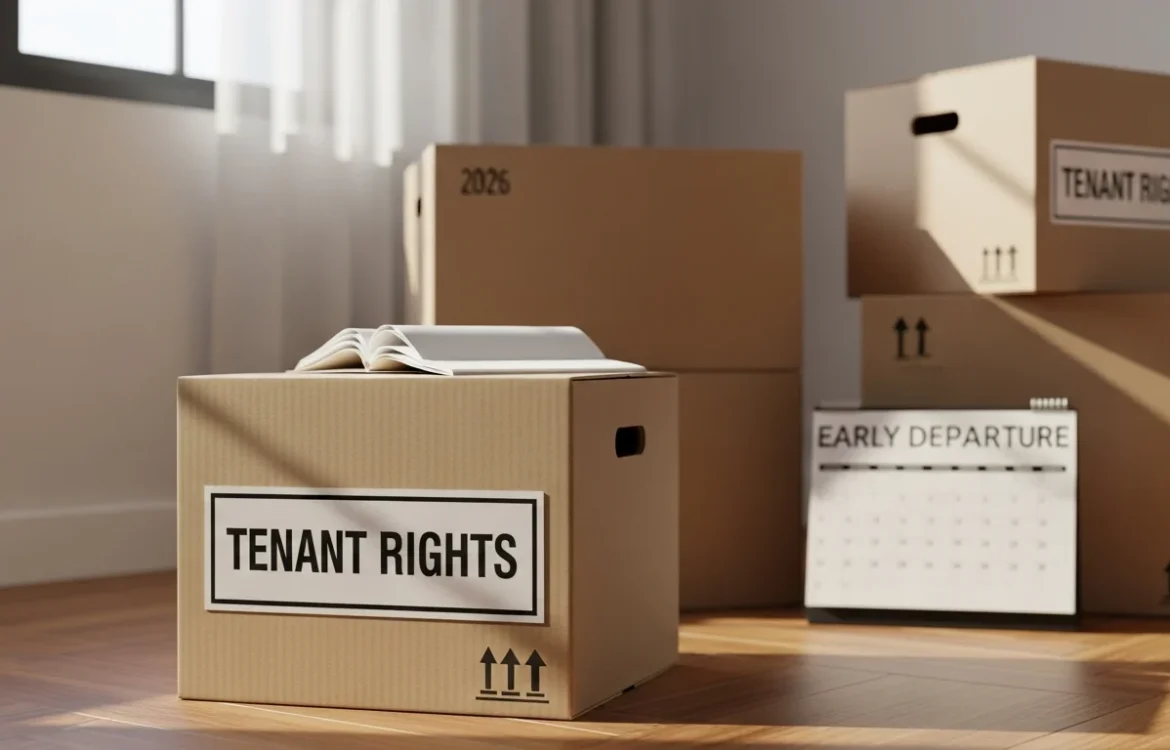 Boxes and an open book illustrating Tenant Rights Moving Out Early: Your Complete 2026 Guide for renters leaving a lease.