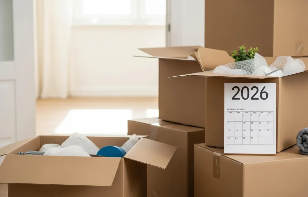 Moving boxes stacked with a 2026 calendar checklist, representing preparation for relocation. Tenant Rights Moving Out: Your Complete 2026 Guide.