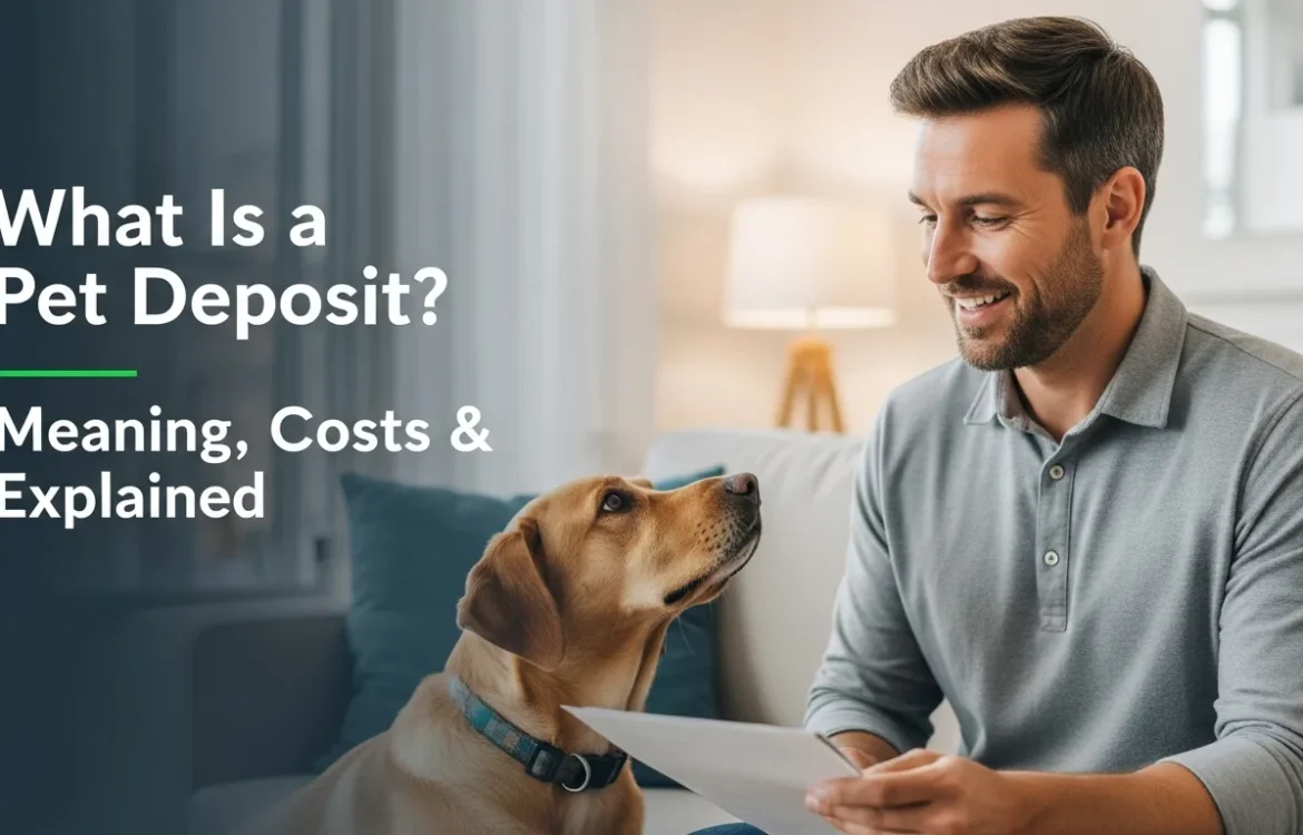 A man smiles at his dog while reviewing papers about pet fees. What Is a Pet Deposit? Meaning, Costs & Rules Explained.