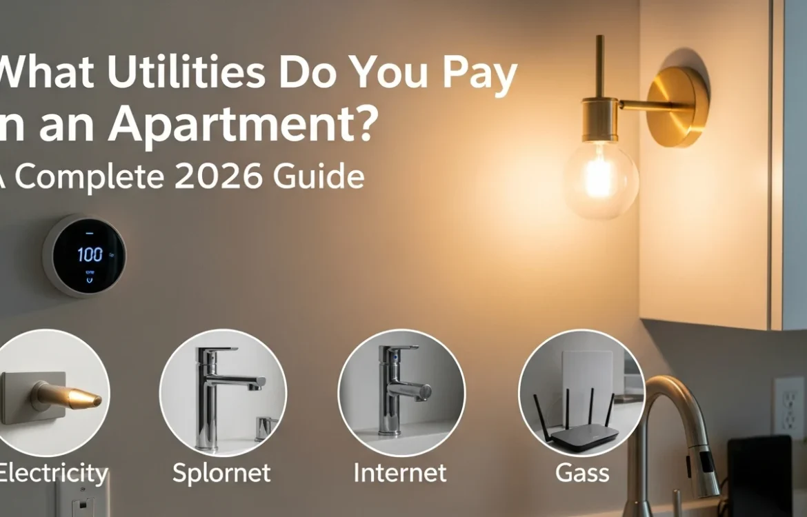 Graphic illustrating What Utilities Do You Pay in an Apartment? A Complete 2026 Guide: electricity, water, internet, and gas.
