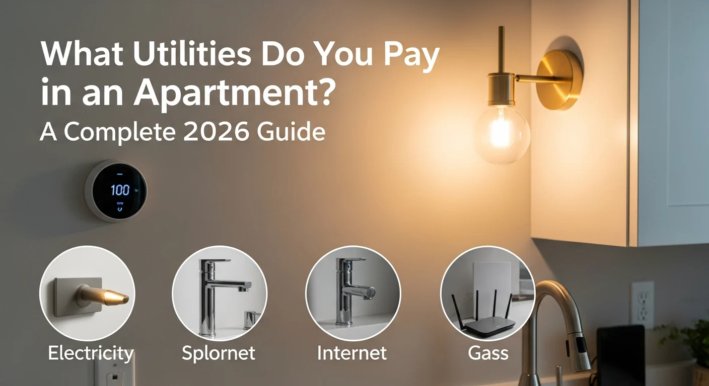 Graphic illustrating What Utilities Do You Pay in an Apartment? A Complete 2026 Guide: electricity, water, internet, and gas.