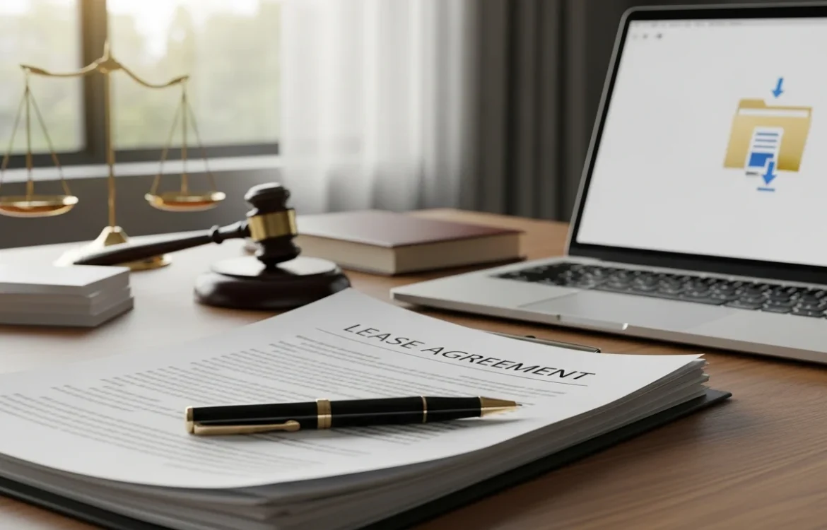 Desk with a lease agreement, gavel, and laptop. Get the Year Lease Agreement Template: Free Download & Legal Guide 2026 for robust legal documentation.