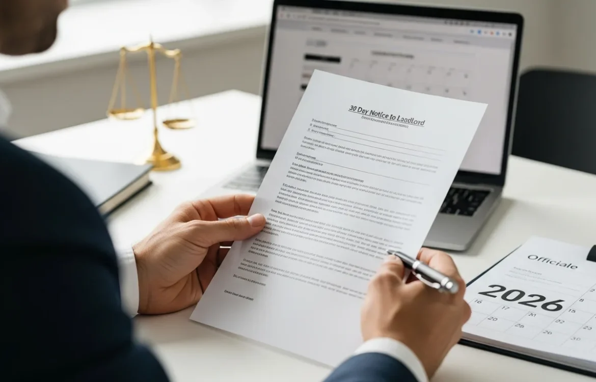 Person signing a 30 Day Notice to Landlord Template: Free Download & Legal Guide 2026 near a scale of justice.