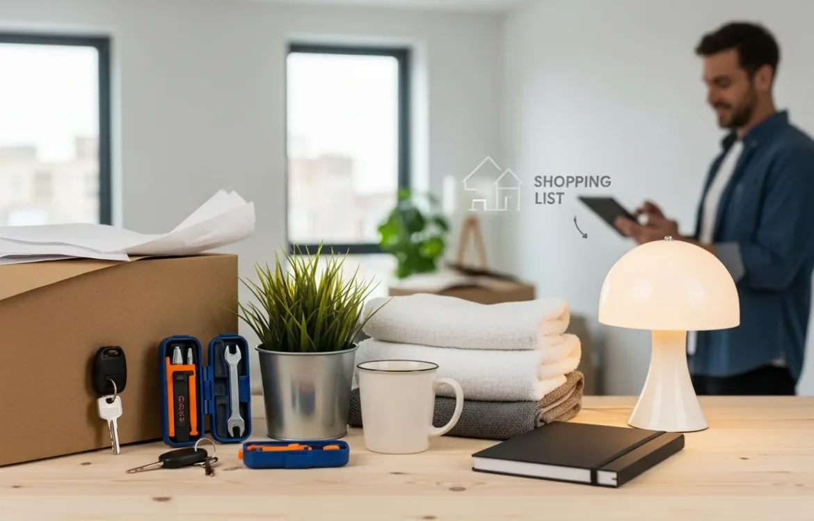 Apartment Shopping List: Your Complete 2026 Essentials Guide featuring boxes, tools, and a man using a tablet.