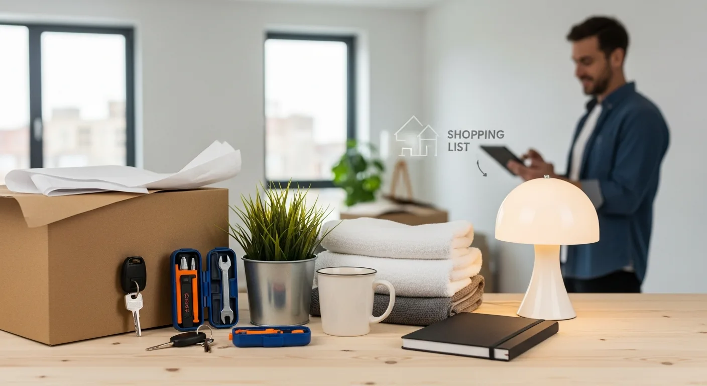Apartment Shopping List: Your Complete 2026 Essentials Guide featuring boxes, tools, and a man using a tablet.