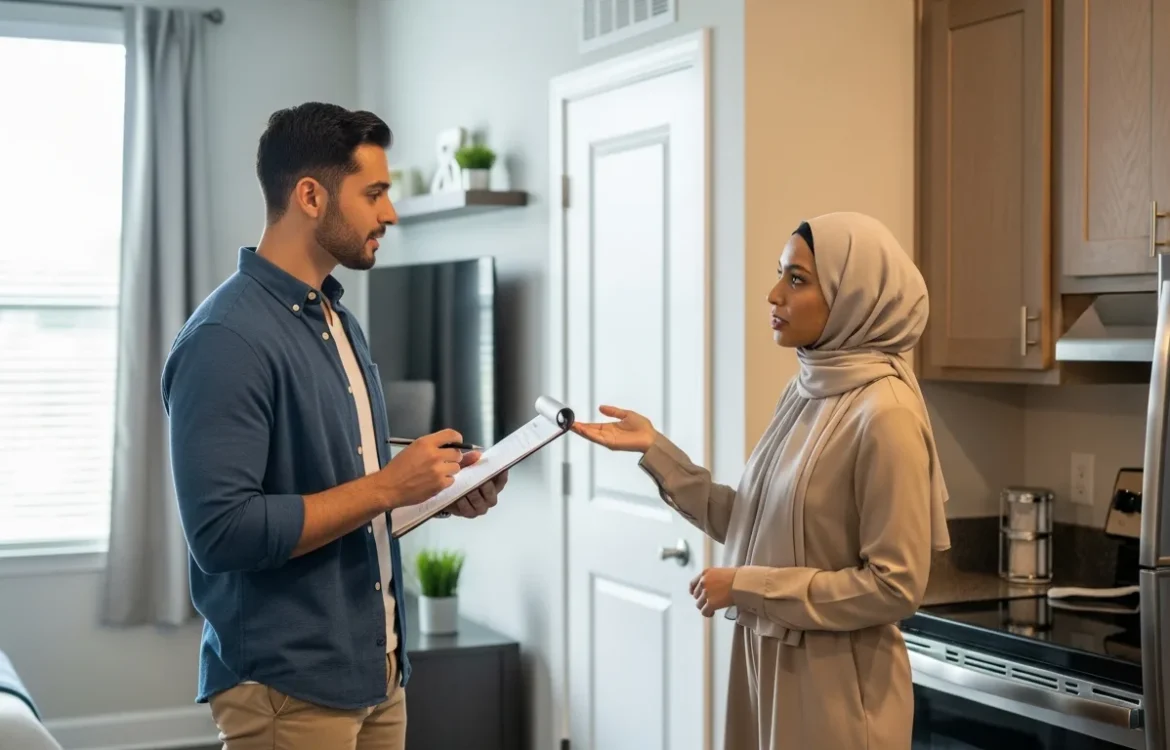 Man and woman using an Apartment Tour Checklist: 20 Essential Questions to Ask in 2026 during a home viewing.
