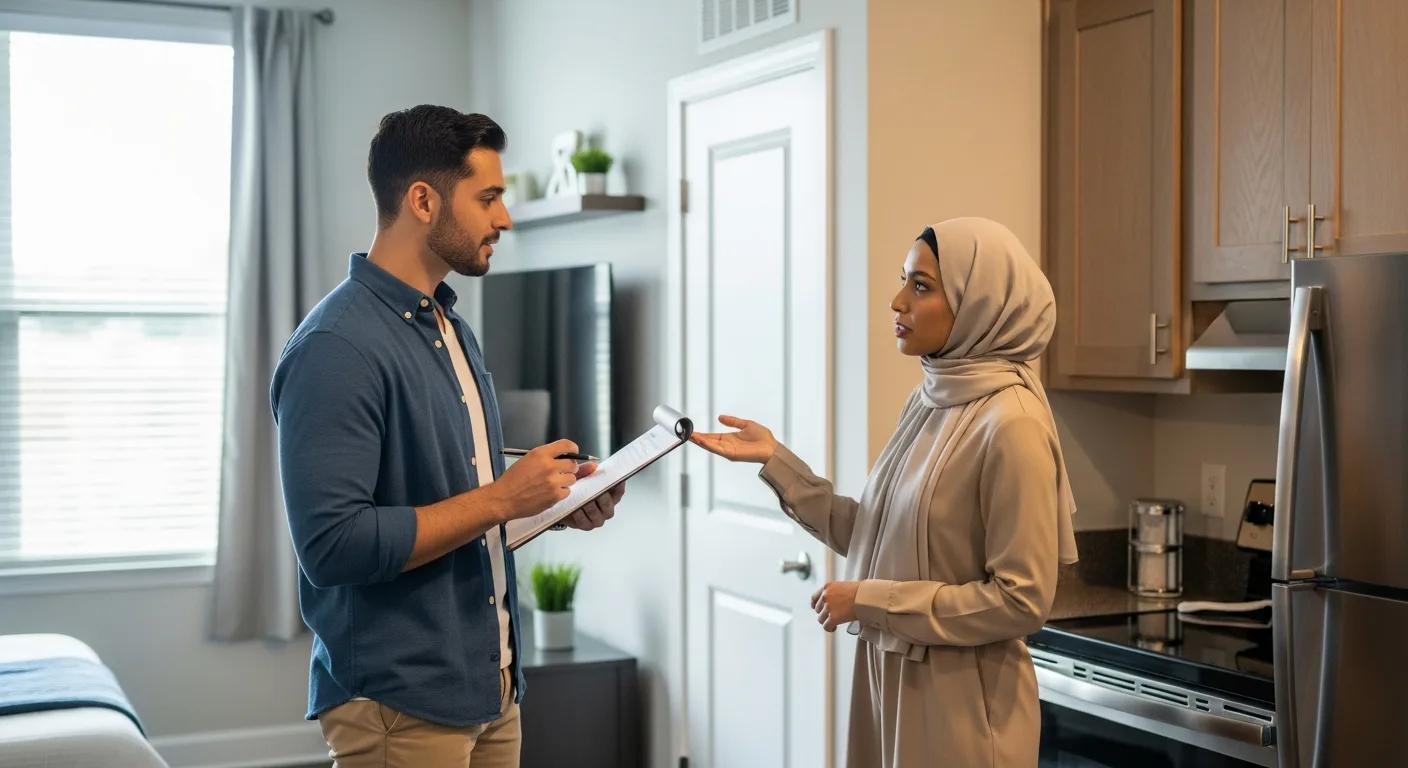 Man and woman using an Apartment Tour Checklist: 20 Essential Questions to Ask in 2026 during a home viewing.