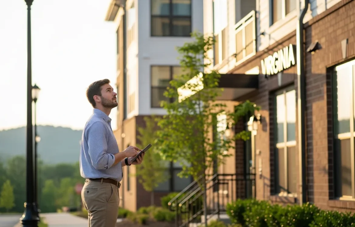 Man viewing Apartments for Rent in Virginia: Your Complete 2026 Guide on a tablet in front of a modern complex.