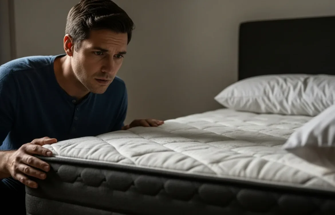 A concerned tenant checks his mattress. Bed Bugs: Landlord Responsibilities & Tenant Rights in 2026.