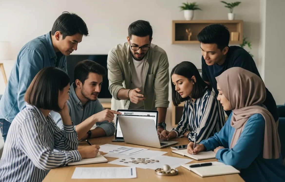 Group discussing Budget Tips for Renters: Save Money & Live Comfortably in 2026 using a laptop and coins.