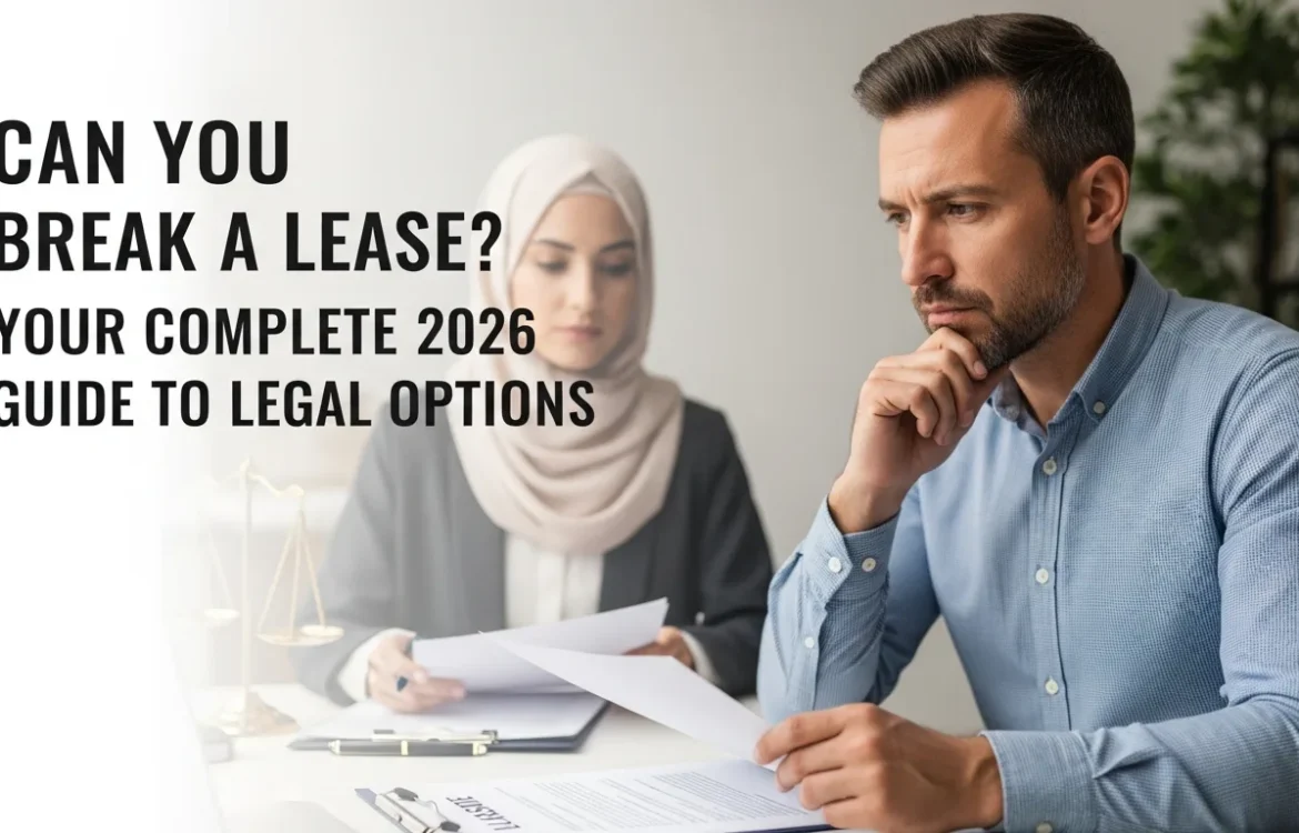 Man reviewing a contract with text Can You Break a Lease? Your Complete 2026 Guide to Legal Options next to a lawyer.