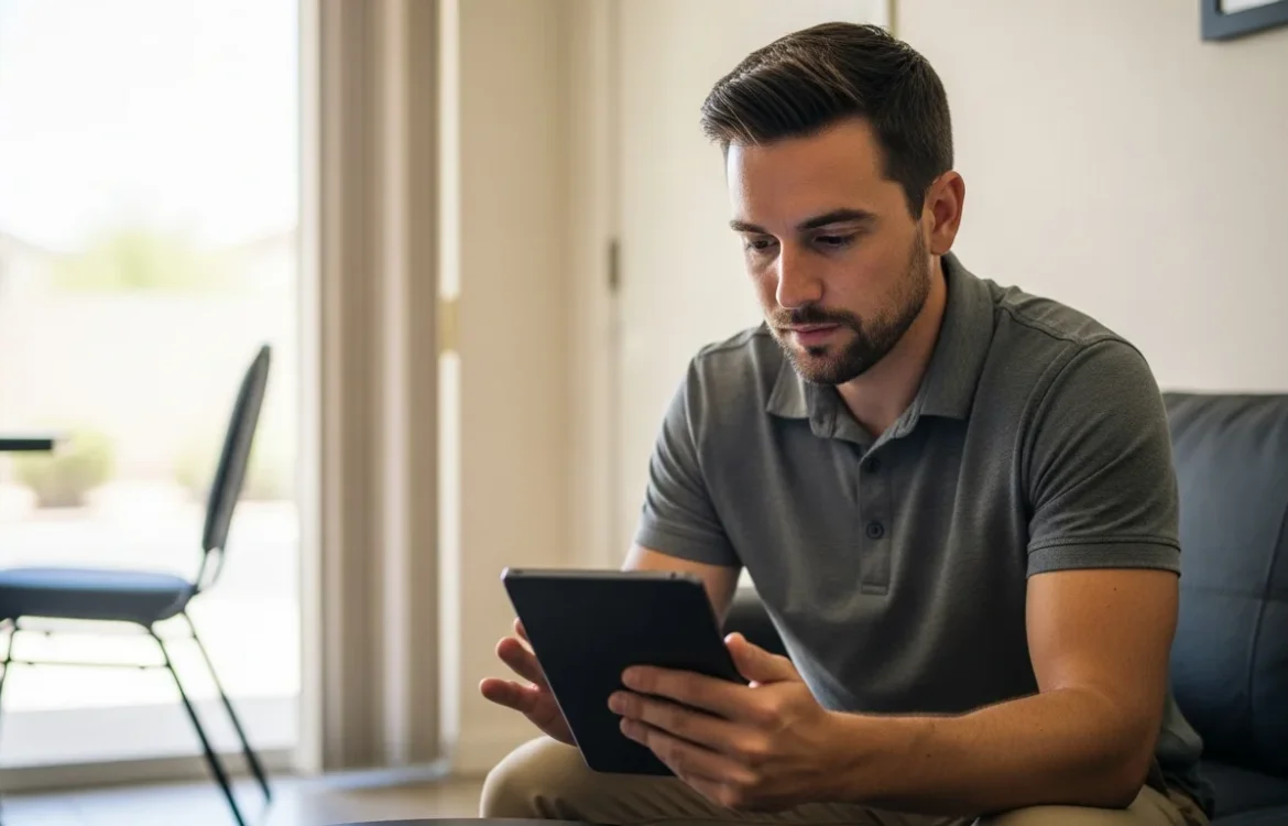 Man researching Cheap Apartments in Las Vegas: Your Complete 2026 Guide on a tablet in a bright living room.