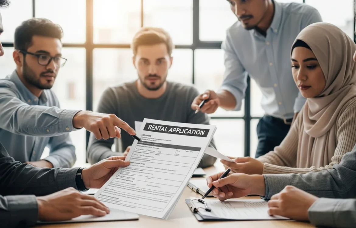 Group analyzing a Free Rental Application Form: Your Complete 2026 Guide & Templates in a bright office.