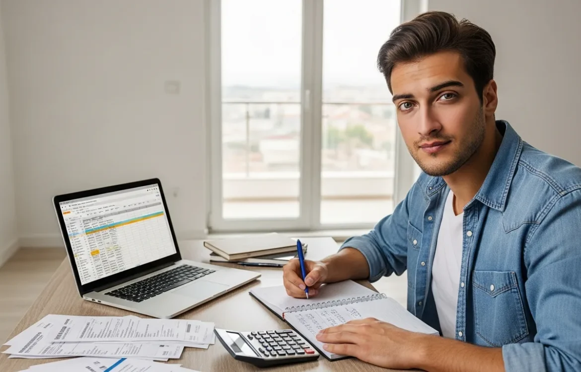 A man using a laptop and calculator for How to Budget for Your First Apartment: A Complete 2026 Guide.