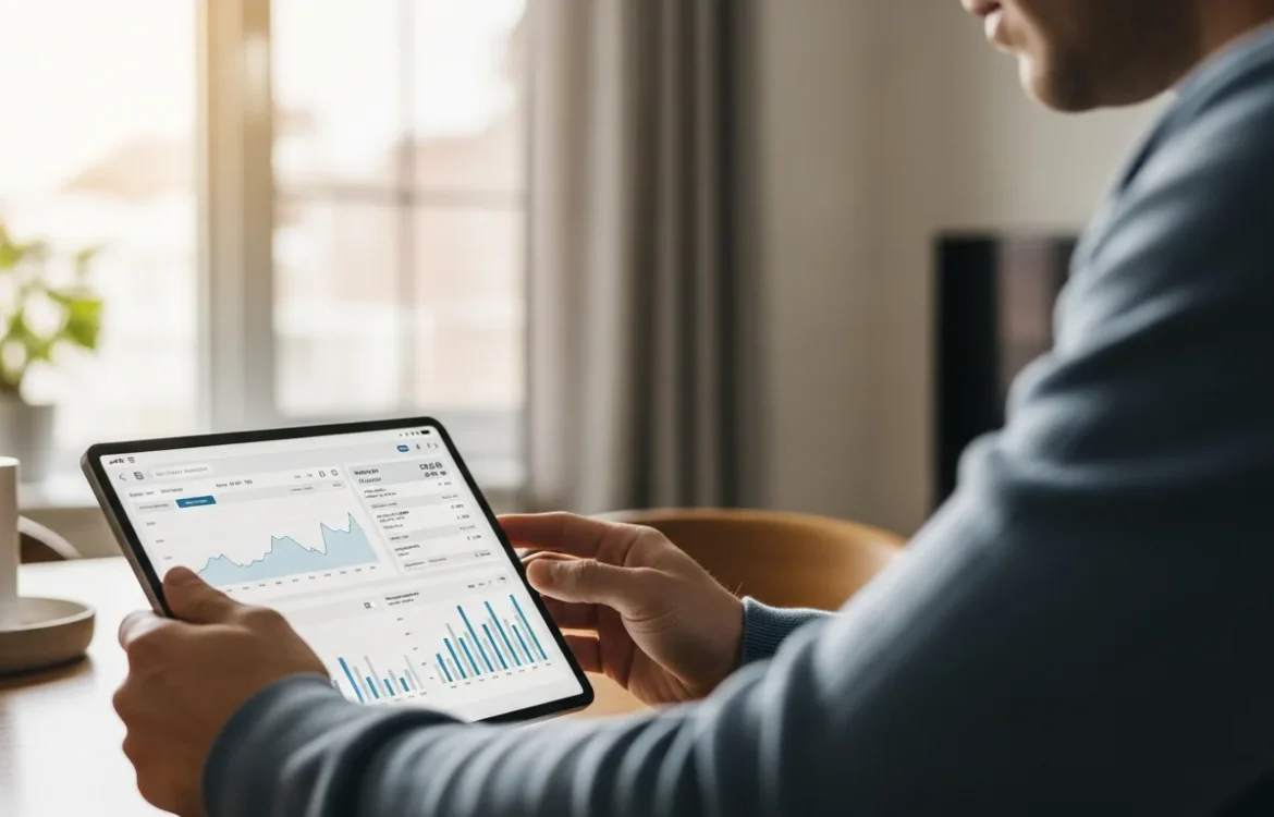 A person reviews graphs on a tablet titled How to Save Money on Utilities: 2026 Guide to Lower Bills.