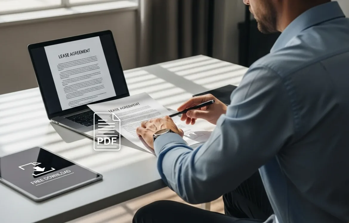 A professional reviewing a Lease Agreement Template PDF: Free Download & Legal Guide 2026 at an office desk.