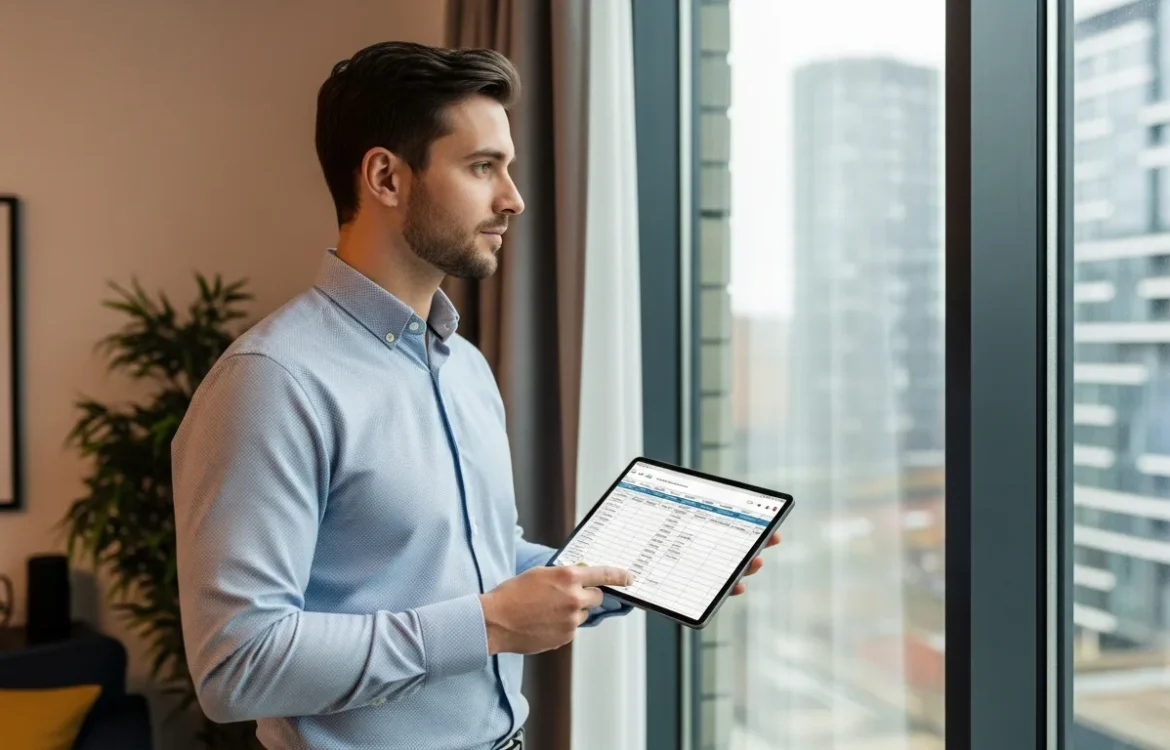 Man calculating the Minimum Income for Apartment: What You Need to Rent in 2026 on a tablet in a modern room.