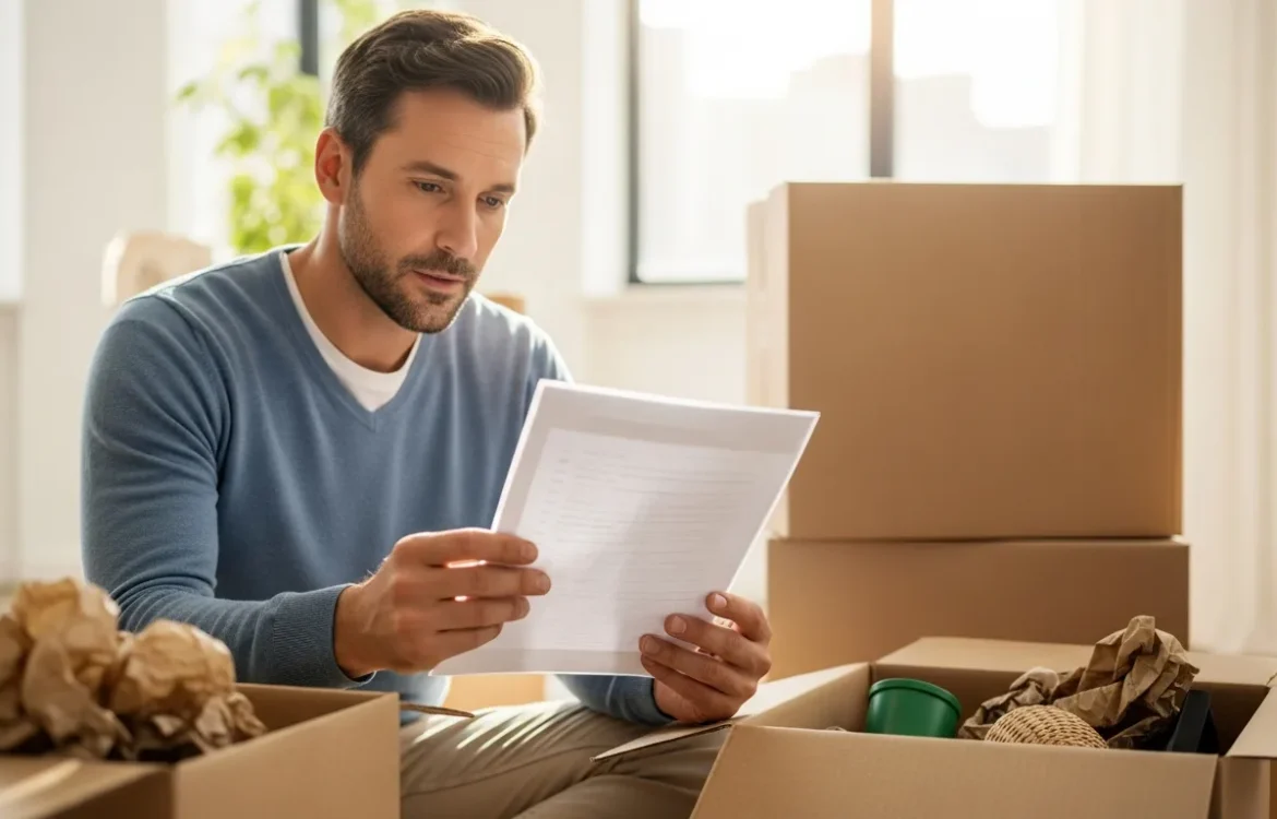 A man reviews his Moving Checklist for Families: Your Complete 2026 Guide while packing boxes for a residential move.
