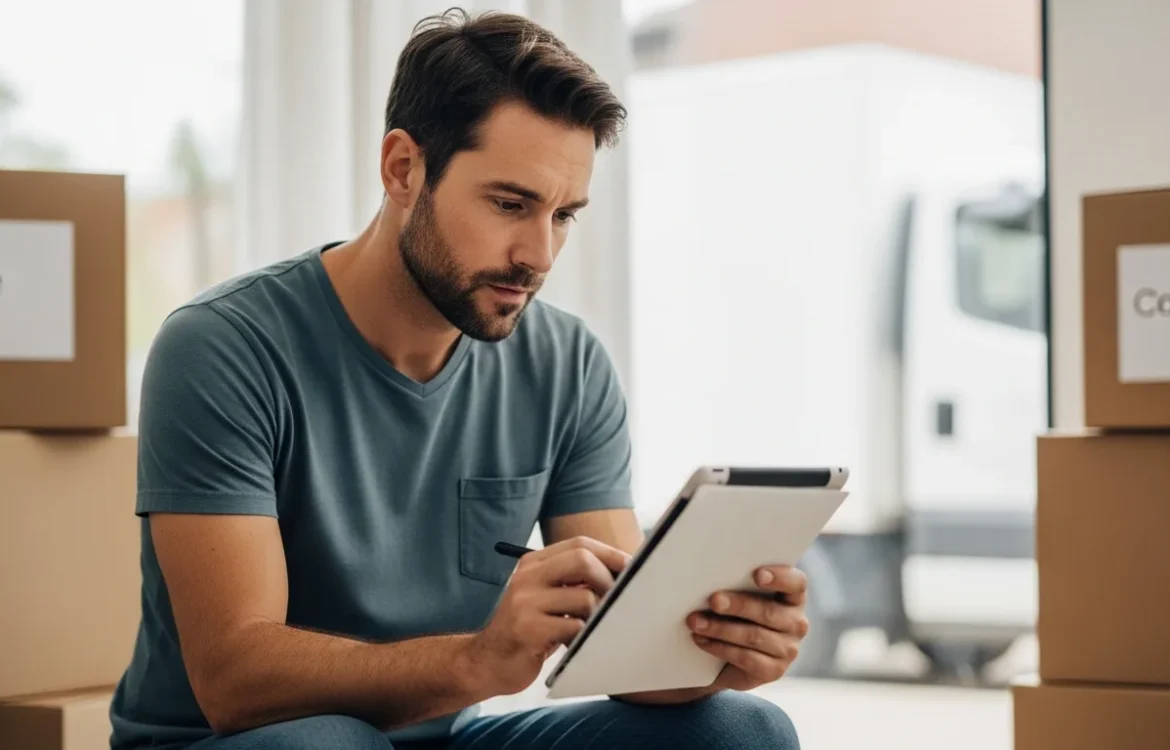 Man using digital Moving Checklist for Families: Your Complete 2026 Guide while surrounded by boxes.