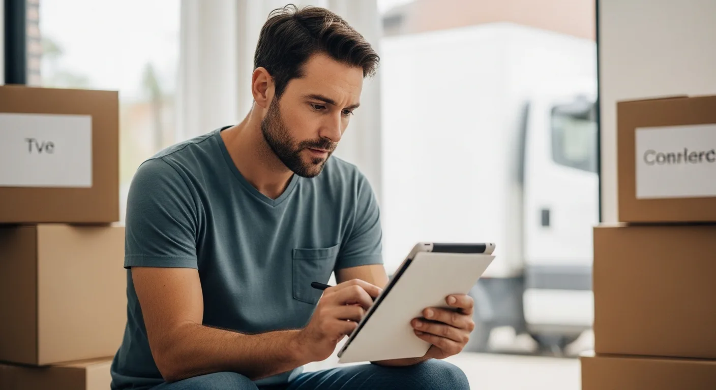 Man using digital Moving Checklist for Families: Your Complete 2026 Guide while surrounded by boxes.