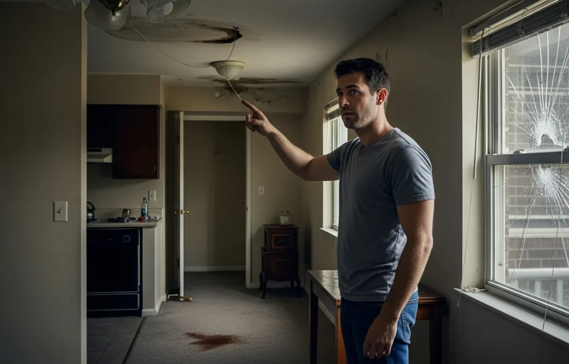 A man points to ceiling damage, showing Signs of a Bad Apartment: Red Flags to Avoid in 2026.