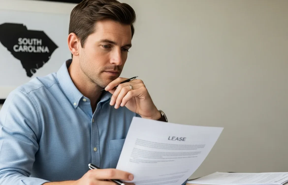 Man reviewing a lease near map for South Carolina Security Deposit Laws: A Complete 2026 Guide for Renters.