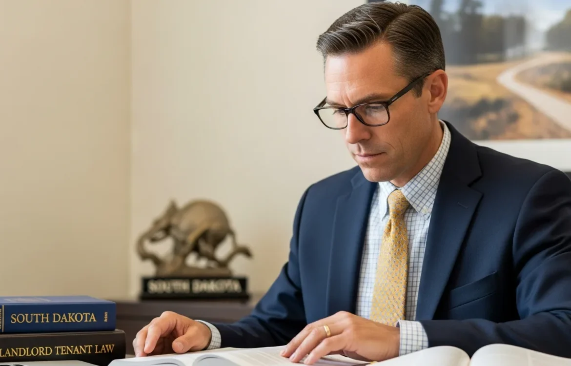 Lawyer reviewing South Dakota Landlord Tenant Law: Your Complete 2026 Guide with legal textbooks at his desk.