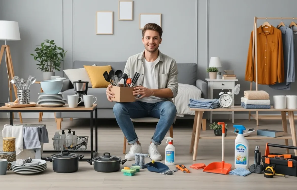 A man with Things Needed for First Apartment: Your Complete 2026 Essentials Guide items like tools and kitchenware.