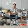 A man with Things Needed for First Apartment: Your Complete 2026 Essentials Guide items like tools and kitchenware.