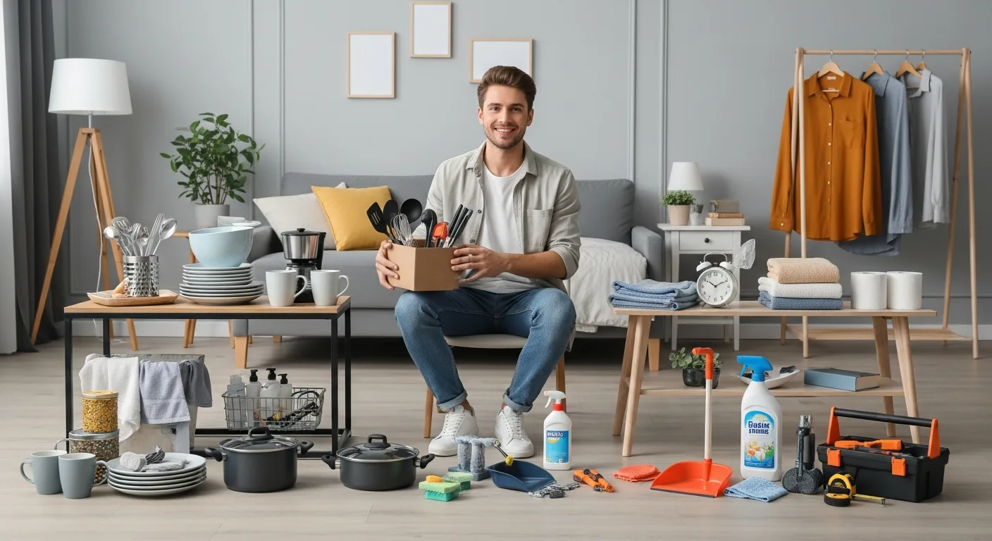 A man with Things Needed for First Apartment: Your Complete 2026 Essentials Guide items like tools and kitchenware.