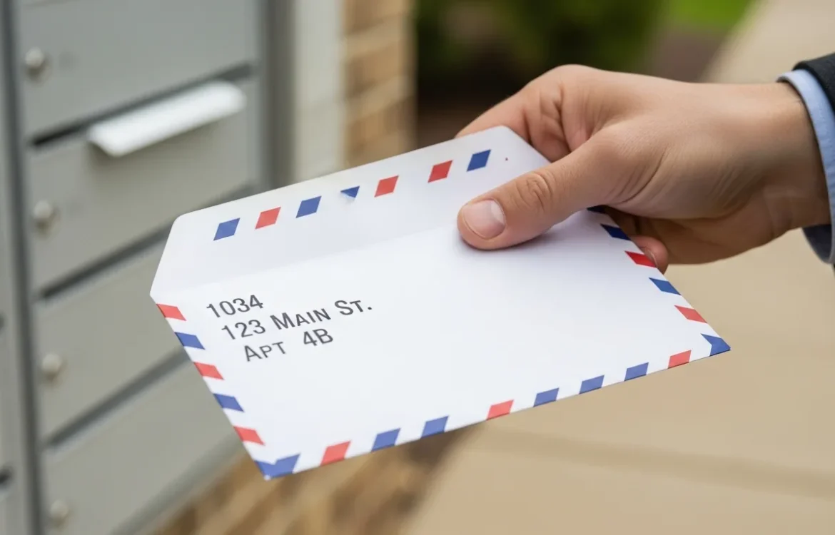 A hand holds an airmail letter showing a clear mailing address with apartment number near mailboxes.