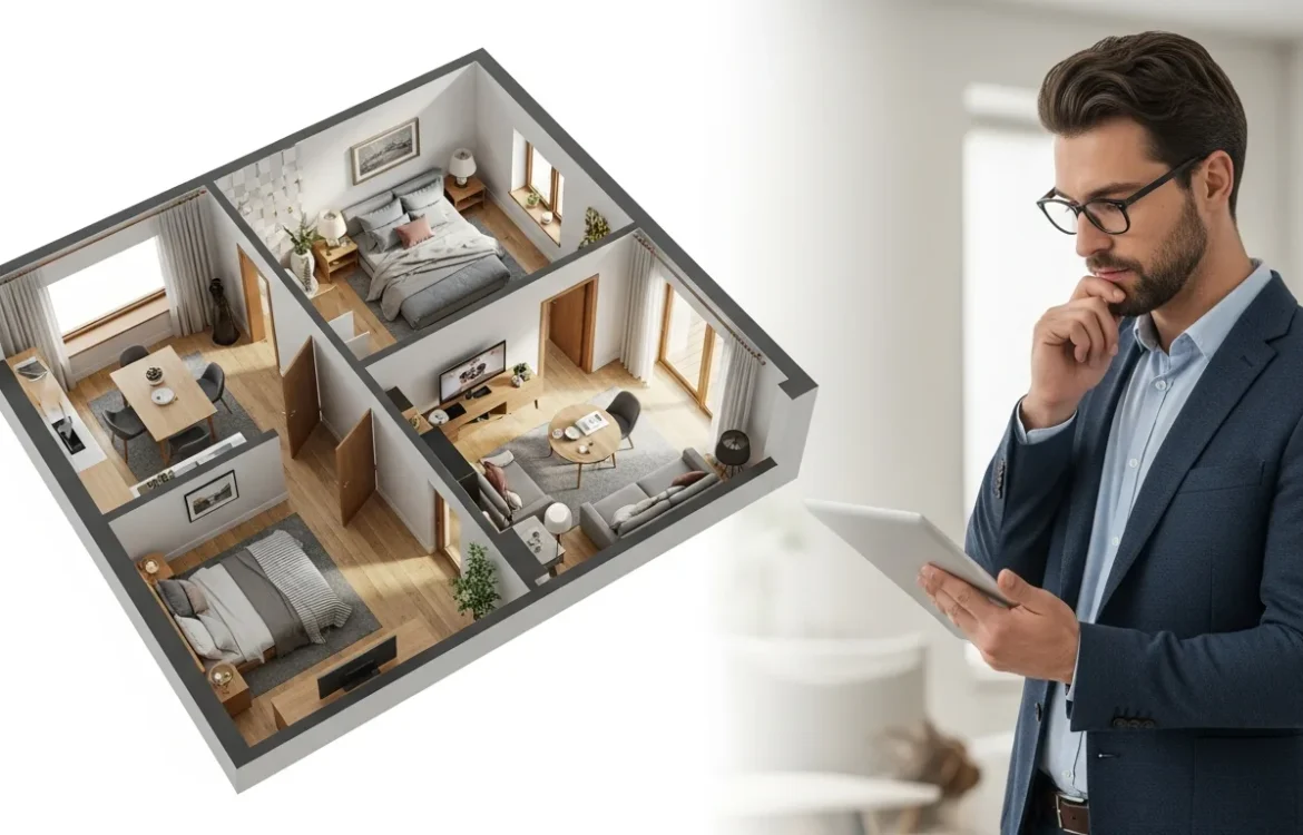A detailed 3d floor plan of a two bedroom apartment showcasing modern furniture layout and spatial design.