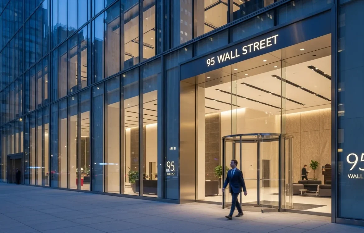 A high-end view of the exterior entrance and modern architecture at 95 wall street apartments in New York City.